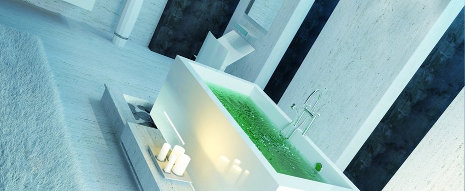 Helles Badezimmer mit freistehender Wanne, Waschtisch und großformatigen Wandfliesen