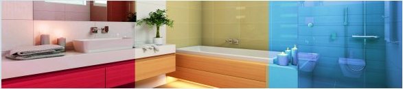 Badezimmer mit Waschtisch, Badewanne und bodengleicher Dusche in vier Farbstimmungen