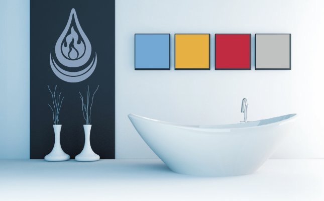Modernes Badezimmer mit freistehender Badewanne und einer Wandgrafik aus Wassertropfen und Flamme
